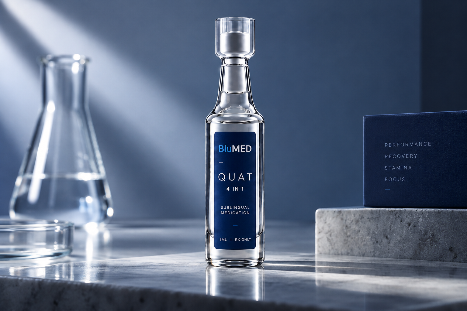 BluMED QUAT 4-in-1 sublingual bottle on a marble surface